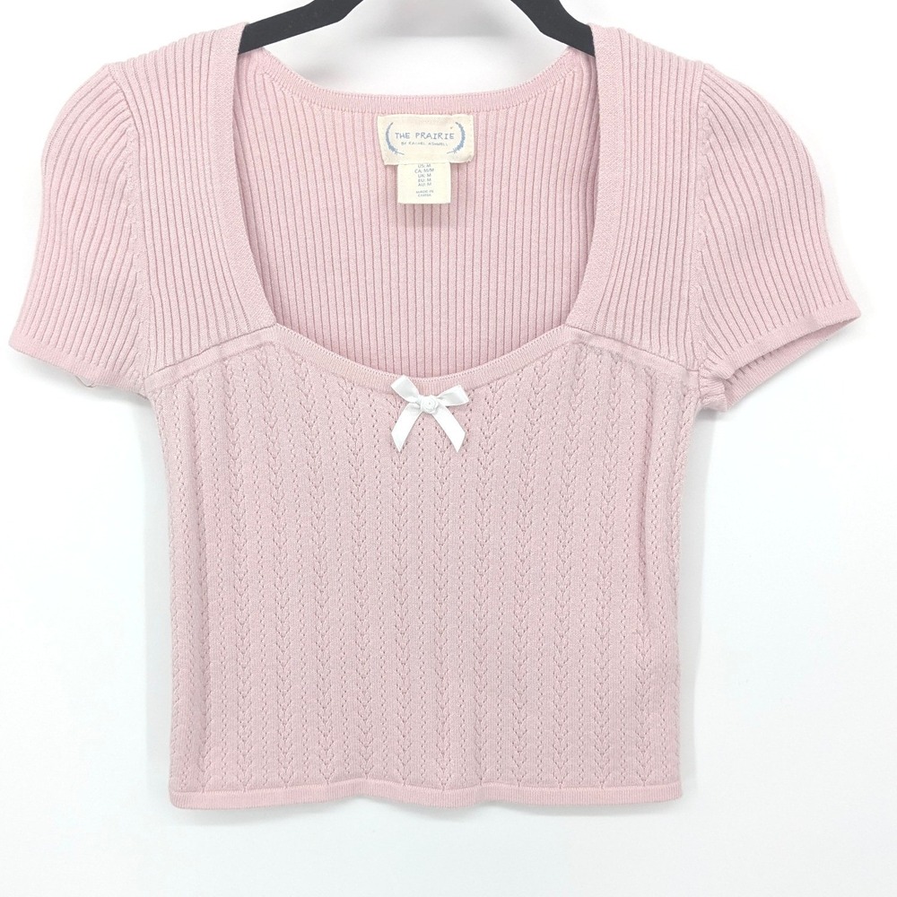 The Prairie Y2K Top Coquette Womens Medium Pink Rachel Ashwell Ribbed Bow Pastel
